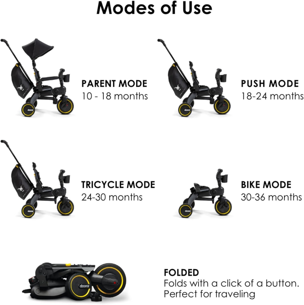 Doona Liki Trike S5, Nitro Black - 5-in-1 Compact, Foldable Tricycle - Suitable for Toddlers 10 to 36 Months