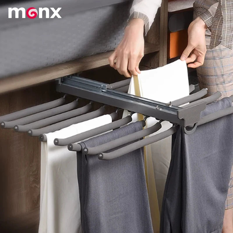 MONX Top Mounted Double Row Pull Out Pants Rack Gray Aluminum Alloy